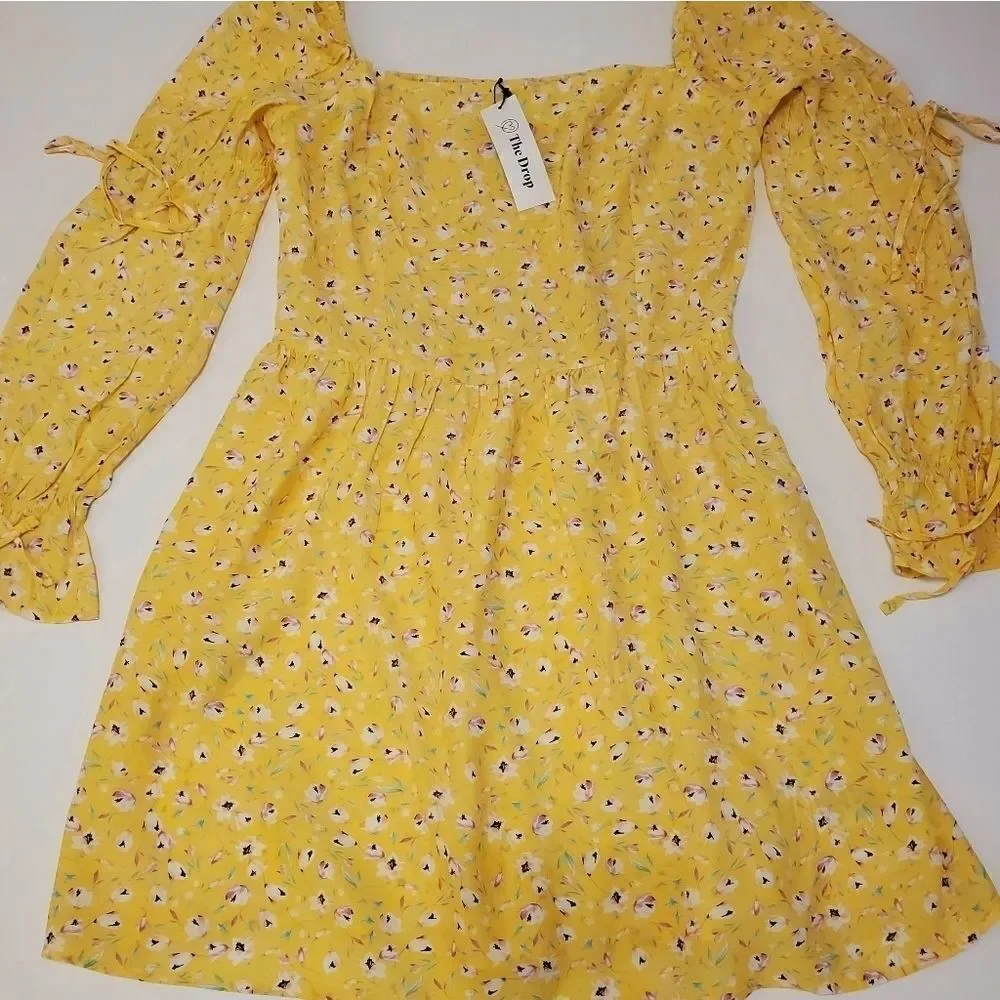 THE DROP - M Women's Yellow ruched back mini floral dress